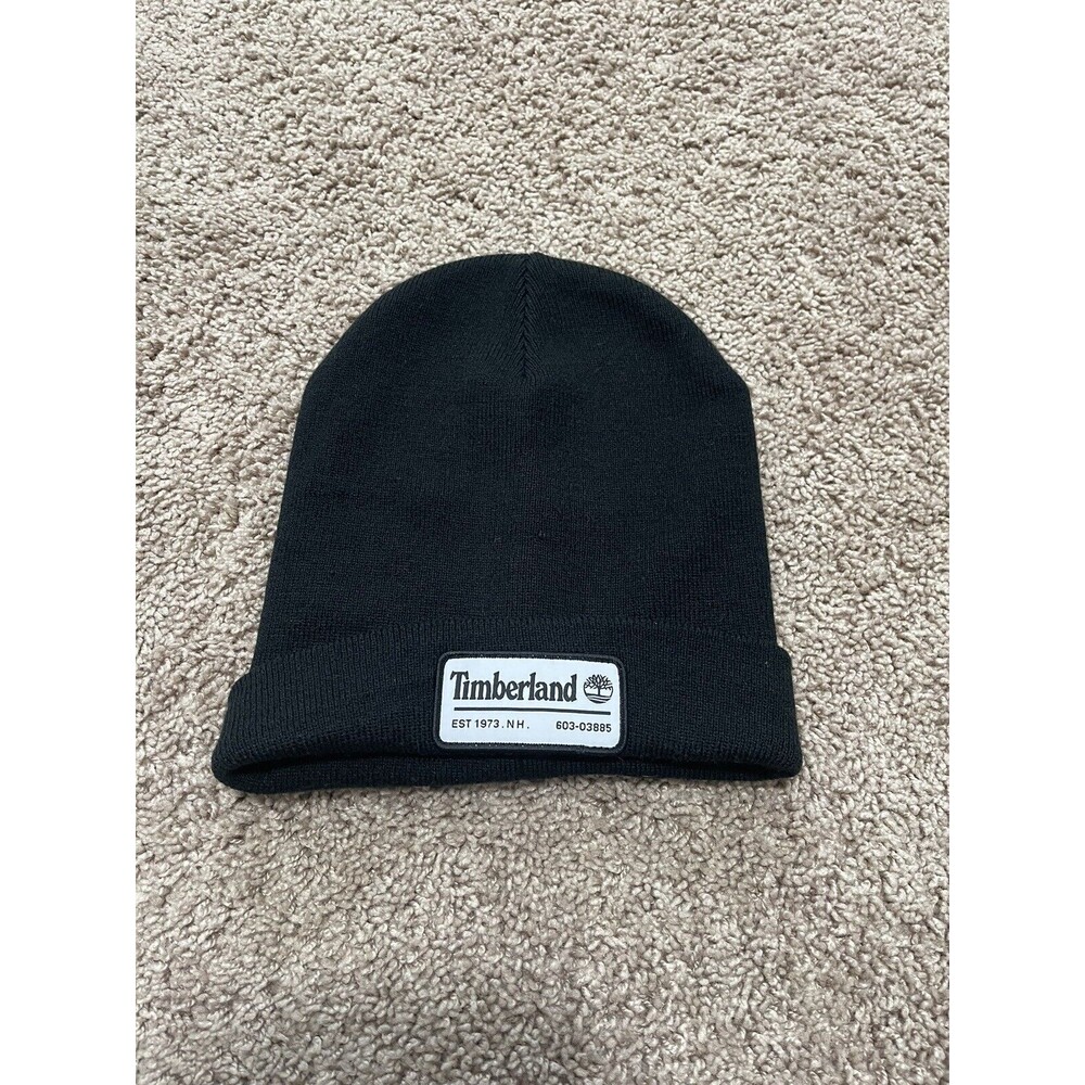 Timberland Beanie Hat Men One Size Black Watch Cap Knit Cuffed Slouch Patch Logo